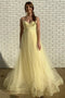 Spaghetti Straps Floor Length Tulle Prom Dress with Pleats,Long Graduation Dress UQ2566
