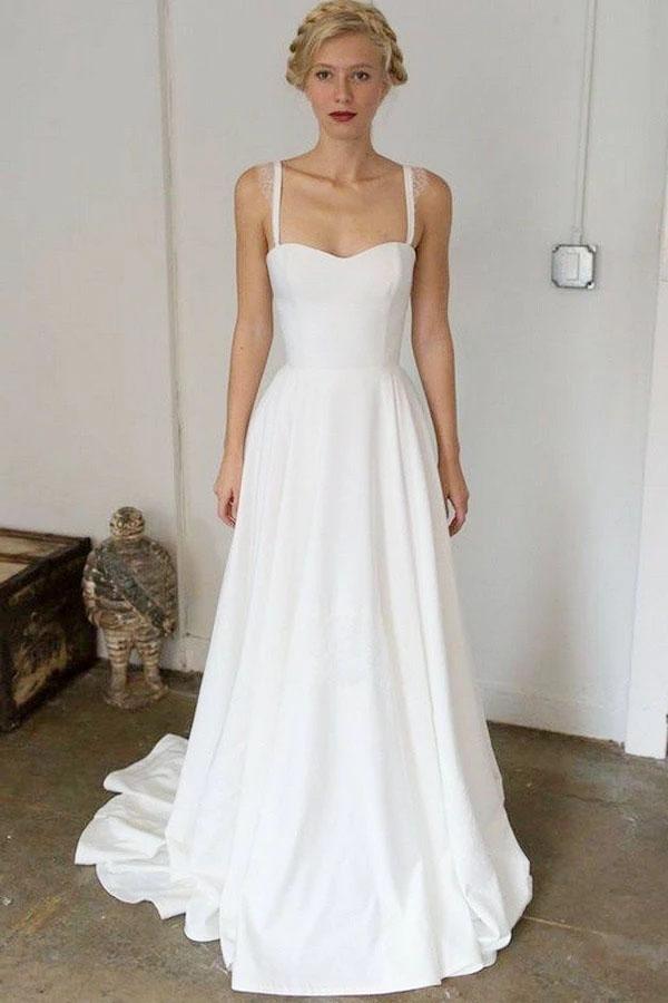A-Line Straps Sweep Train Sleeveless Stain Simple Wedding Dress, Beach Wedding Gown UQ2486