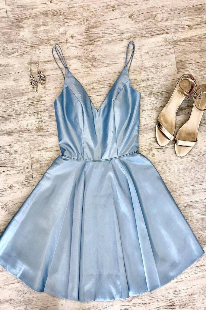 Double Straps Short Sky Blue Satin Party Dress, Cheap Short Homecoming Gown N2116