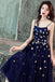 Spaghetti Straps Blue Tulle Tea Length Homecoming Dress with Stars UQ2135