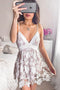 Spaghetti Strap Deep V Neck Short Homecoming Dress, Mini Lace Prom Dress with Bow UQ1881