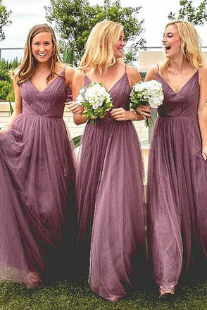 Spaghetti Straps V Neck Floor Length Bridesmaid Dress with Pleats, A Line Bridesmaid Dress N2384