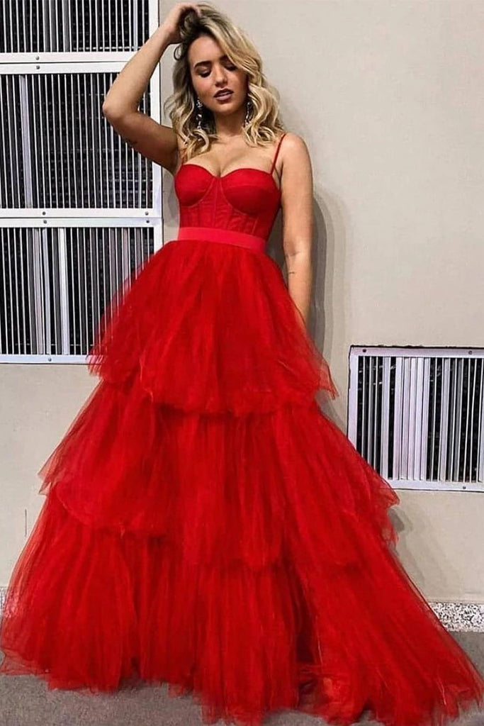 Spaghetti Straps Floor Length Red Layers Tulle Prom Dresses, A Line Lo – Uniquedresss Spaghetti Straps Floor Length Red Layers Tulle Prom Dresses, A Line Lo – Uniquedresss