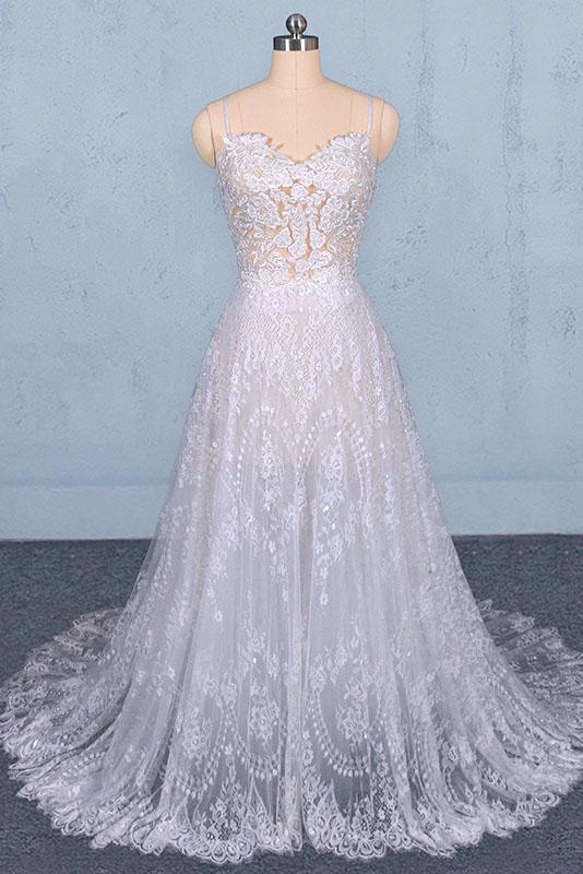 Spaghetti Straps Sweetheart Lace Wedding Dresses, Lace Bridal Dresses with Long Train N2284
