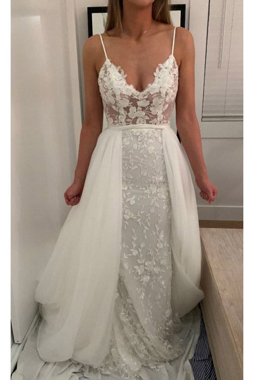Spaghetti Straps V-Neck Lace Beach Wedding Dress with Detachable Train UQW0026