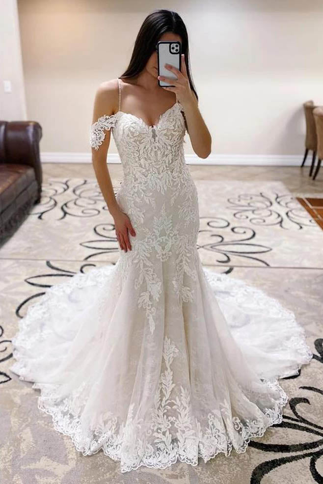 Spaghetti Straps Mermaid Lace Applique Tulle Wedding Dresses Bridal Gown UQW0043