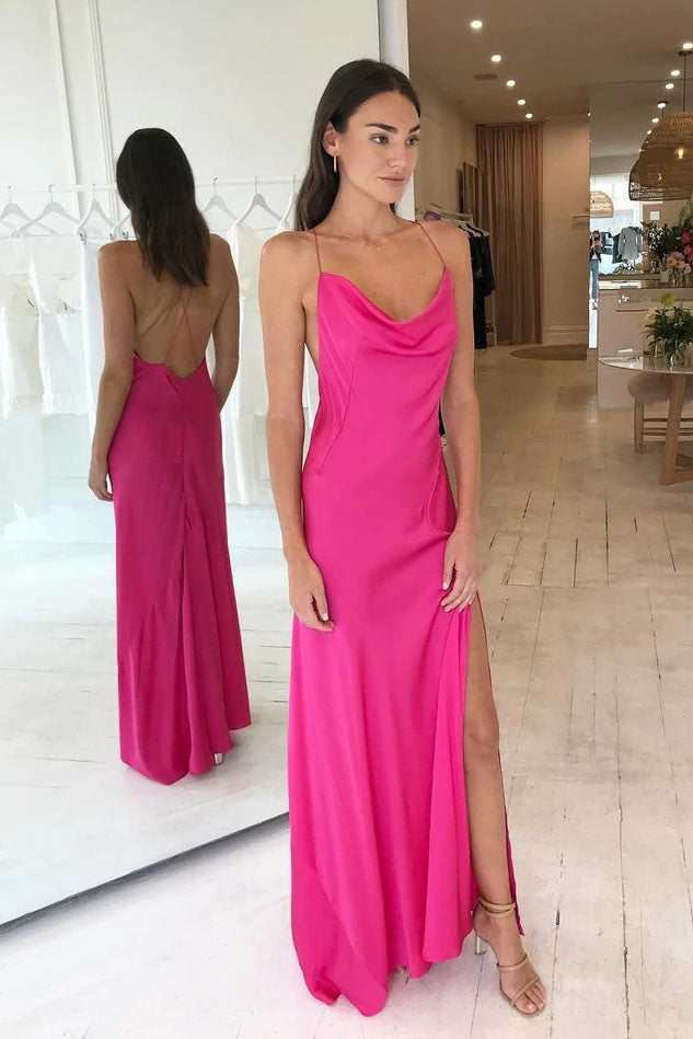 Simple Hot Pink Silk Satin Prom Dress With Slit Spaghetti Straps Long Evening Dresses UQP0164