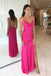 Simple Hot Pink Silk Satin Prom Dress With Slit Spaghetti Straps Long Evening Dresses UQP0164