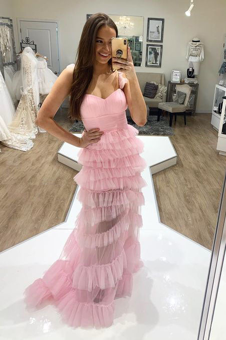 Light Pink Ruffles Layered Tulle Prom Dress, Long Formal Gown UQP0107