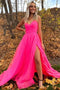 A Line Spaghetti Straps V Neck Tulle Prom Dress with Slit, Long Party Gown UQP0156