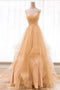 Spaghetti Straps V Neck Sparky Long Prom Dress, Backless Pleated Tulle Party Dresses UQ2587