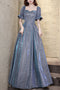 Sparkly Blue Floor Length Prom Dress with Short Sleeves, Glitter Evening Dress UQP0049