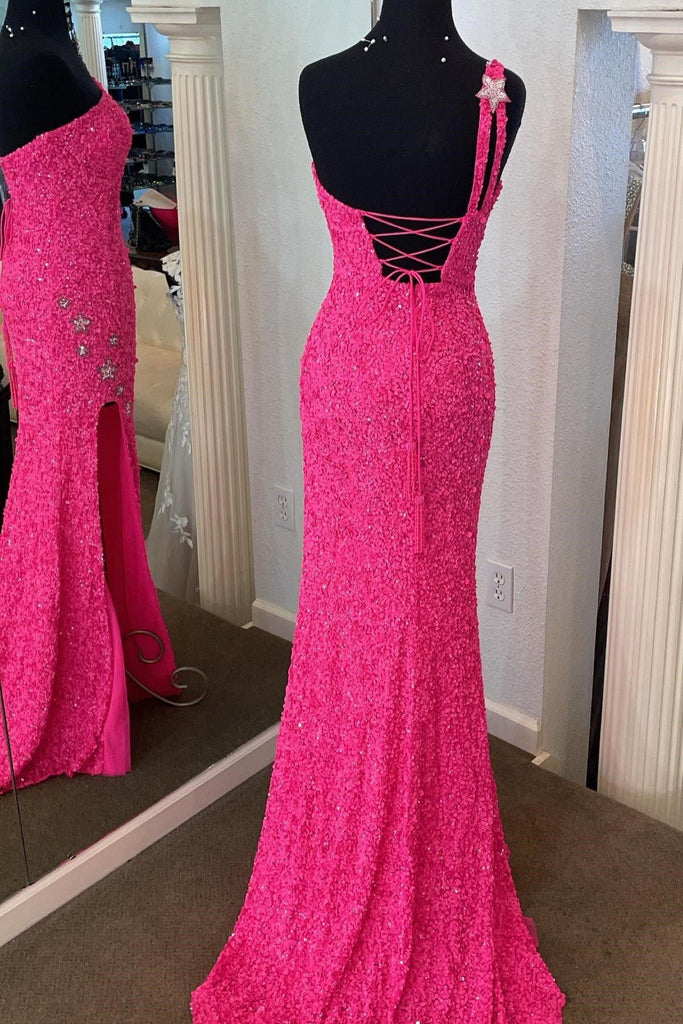 Sparkly Mermaid One Shoulder Sequins Long Prom Dress with Slit Party Gown UQP0197