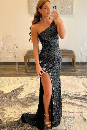 Sparkly Mermaid One Shoulder Sequins Long Prom Dress with Slit Party Gown UQP0197