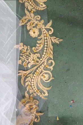 Gold Appliques Puffy Sheer Neck Long Wedding Dresses, Long Sleeves Tulle Bridal Dress UQ1734