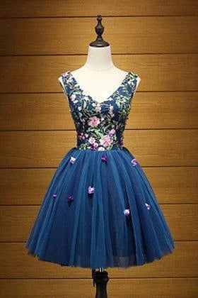 Cute A Line Sleeveless Navy Blue V Neck Short Prom Dresses Flower Lace up Homecoming Dresses UQH0034