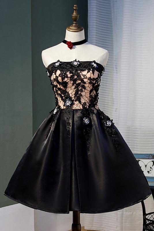 Black Strapless Satin Homecoming Dress with Lace, Graduation Dress with Crystals UQ1980