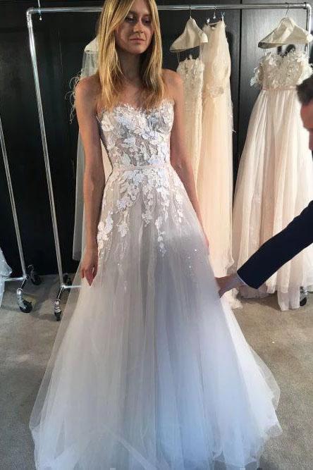 Ivory Strapless Tulle Long Beach Wedding Dresses, Lace Appliqued Bridal Dress UQ2402