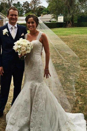 Mermaid Straps Open Back Lace Wedding Dress with Appliques, Gorgeous Long Bridal Dresses N2418