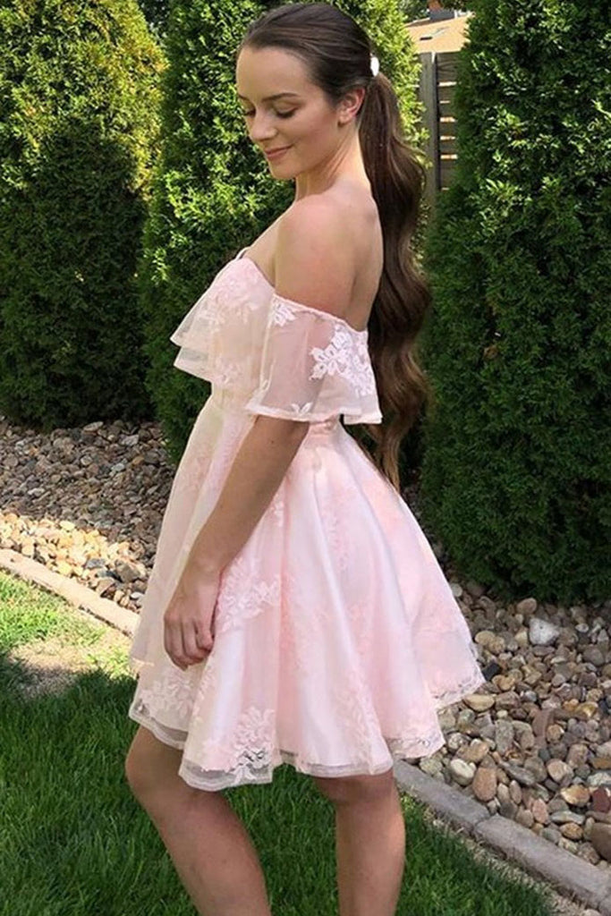 Light Pink Off the Shoulder Short Lace Homecoming Dress, A Line Cute Prom Gown UQH0105