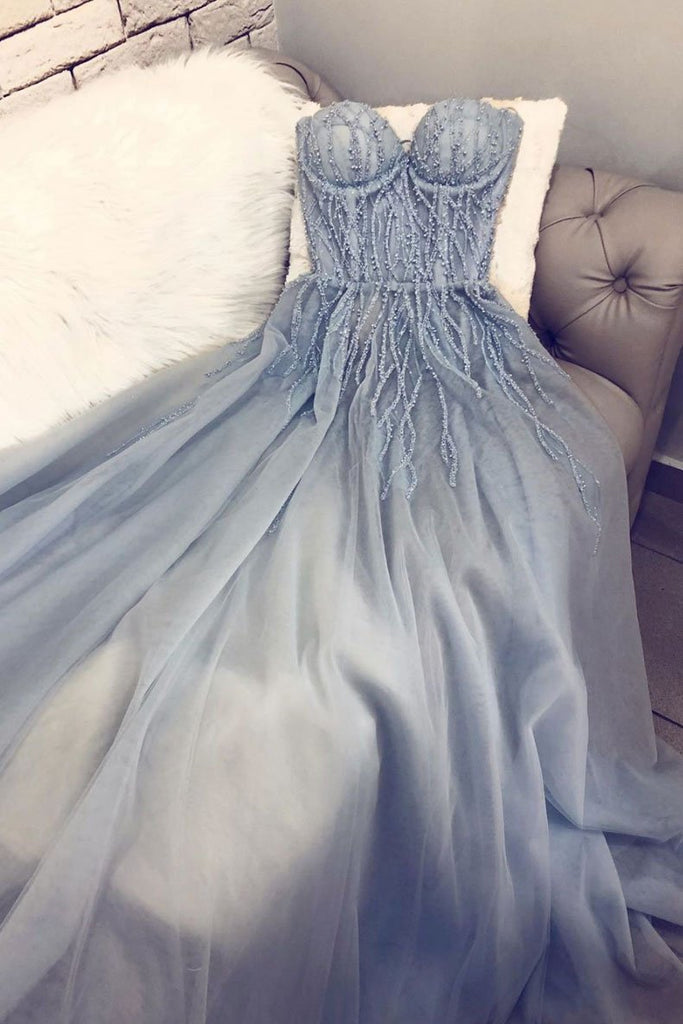 Light Blue A Line Sweetheart Tulle Appliqued Prom Dresses, Charming Long Party Dresses UQ2435