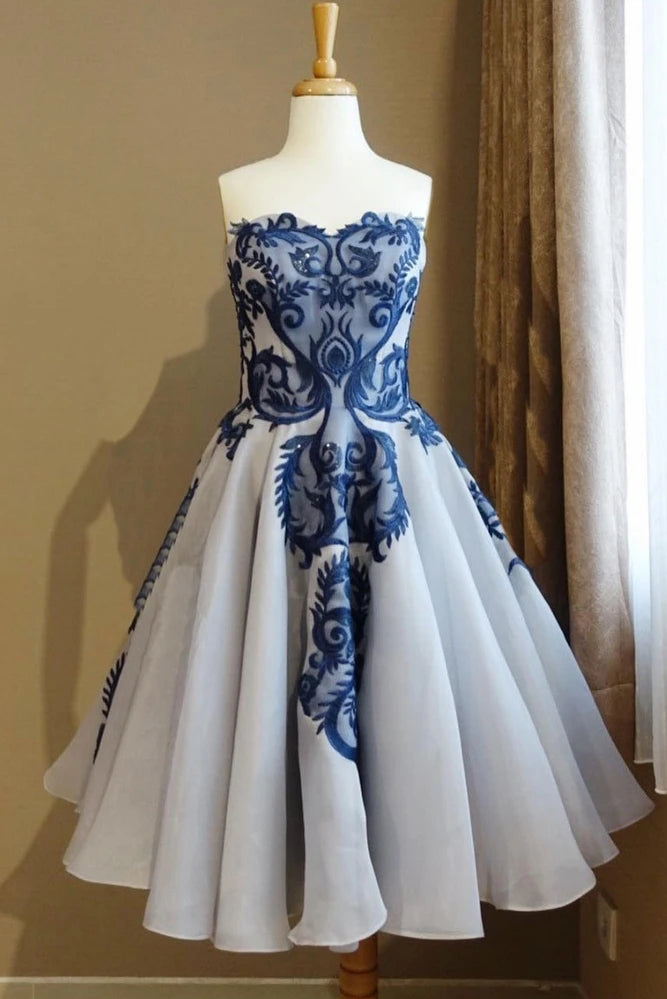 Tea Length Strapless Homecoming Dress with Appliques, Formal Dress UQH0061