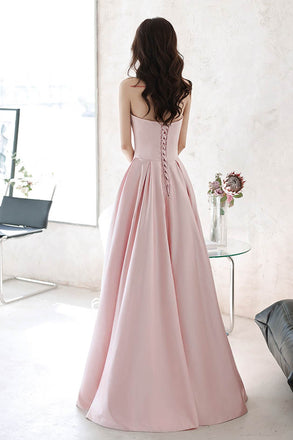 Pink Strapless Satin Long Prom Gown with Pearls, Floor Length Formal Dress UQP0086