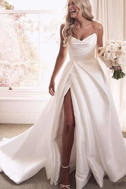 Simple Strapless Sweetheart Satin Wedding Dress with Side Slit, Long Bridal Dress UQW0039