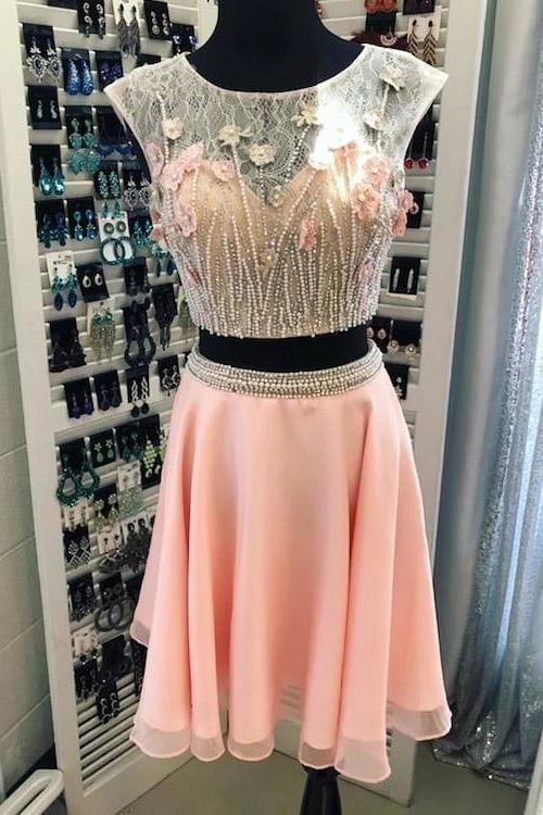 Two Piece Cap Sleeves Chiffon Homecoming Dress with Lace Beading and Flowers UQ2123
