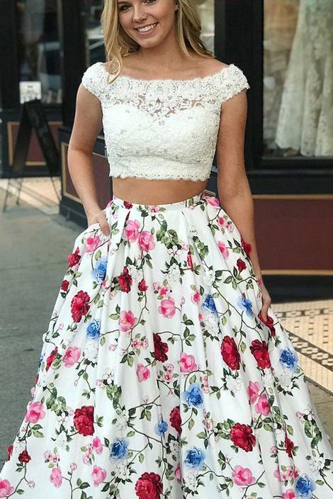 Two Piece Cap Sleeves Floral Dresses with Lace, New Style Backless Pro ...
