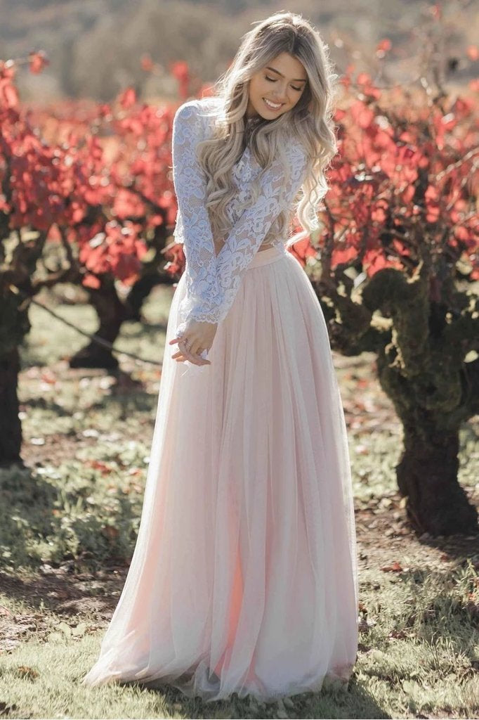 Two Piece Long Sleeves Lace Wedding Dresses Blush Pink Boho Beach Wedding Dress UQ2054
