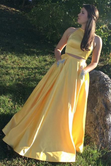 Yellow Satin Two Pieces Long Homecoming Dress with Silver Beading, Pro Uniquedresss Yellow Satin Two Pieces Long Homecoming Dress with Silver Beading, Pro Uniquedresss