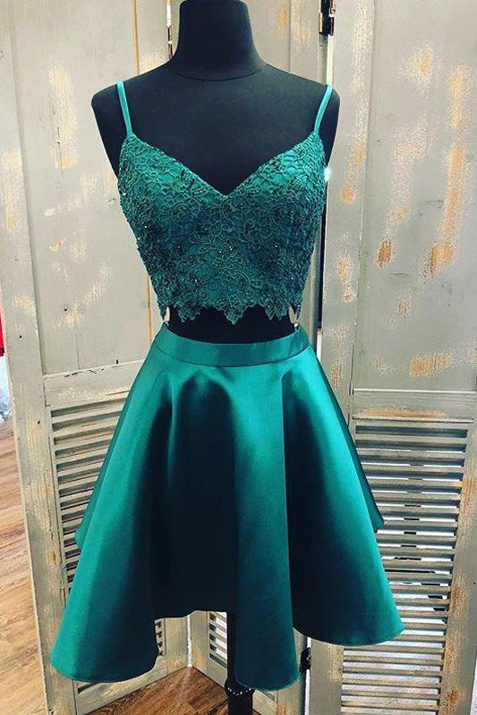 Teal Two Piece Satin Homecoming Dresses with Lace, Spaghetti Strap Graduation Dress N1804