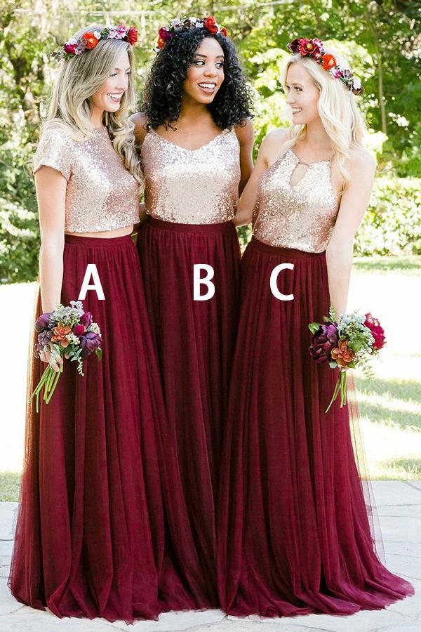 Stunning Two Piece Short Sleeves Burgundy Tulle Bridesmaid Dress with Sequins N2510