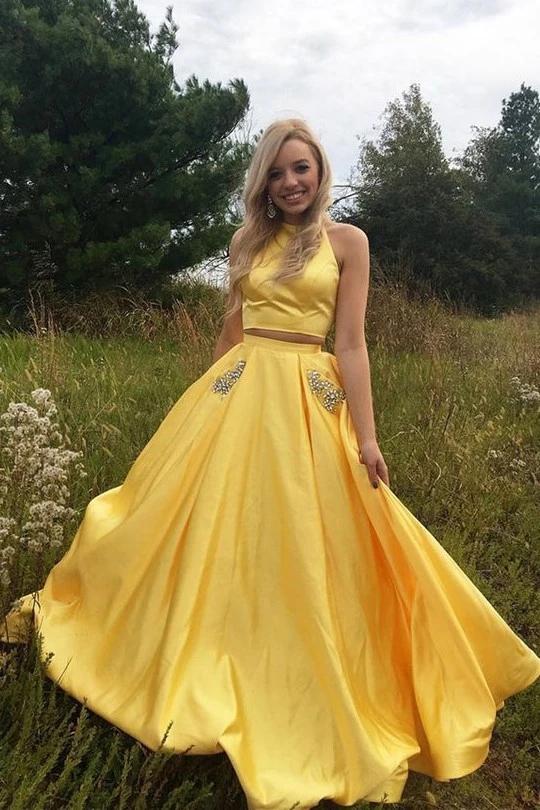 Yellow Satin Two Pieces Long Homecoming Dress with Silver Beading, Pro Uniquedresss Yellow Satin Two Pieces Long Homecoming Dress with Silver Beading, Pro Uniquedresss