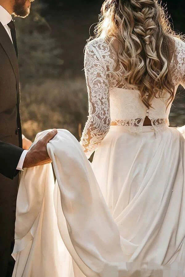 Two Piece Long Sleeves Chiffon Bridal Dress with Lace, Long Beach Wedding Dress UQW0067