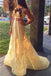 Yellow Two Piece Lace Prom Gown, Square Neck Unique Party Dress UQP0094