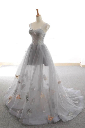 Gray Long Prom Dress with Butterfly, New Arrival Unique Evening Dress UQP0073