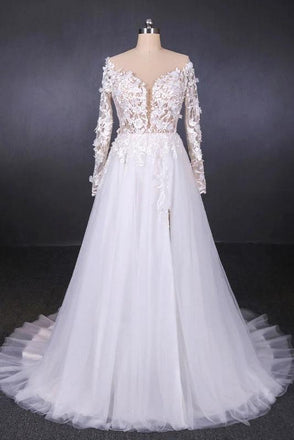 White A Line Tulle Long Sleeves Wedding Gown, Bridal Dress with Lace Appliques UQ2308