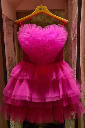 A Line Strapless Tiered Homecoming Dress with A Heart Shape, Hot Pink Short Dress UQH0101
