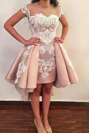 Unique Cap Sleeves High Low Sheer Neck Homecoming Dress, Cocktail Dresses with Lace N1811