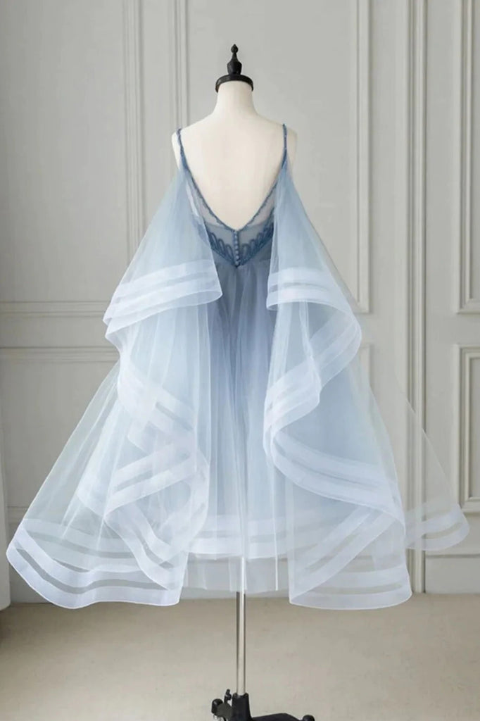Unique Light Blue Knee Length Tulle Prom Dress, A Line Homecoming Gown
