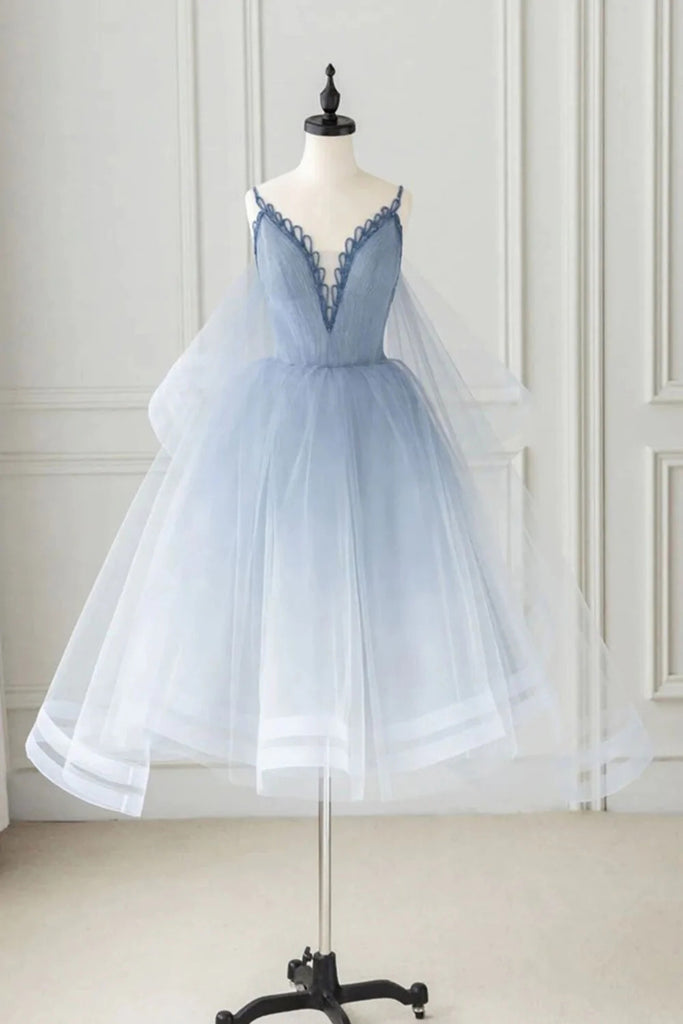 Unique Light Blue Knee Length Tulle Prom Dress, A Line Homecoming Gown UQH0139