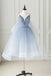 Unique Light Blue Knee Length Tulle Prom Dress, A Line Homecoming Gown UQH0139