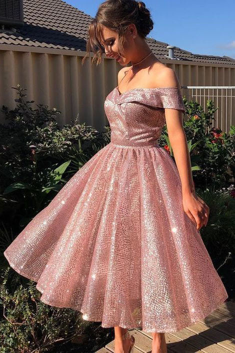 Elegant Off the Shoulder Pink Sequins Tea Length Prom Dresses, Homecomiing Dress UQH0026