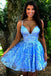 Blue Spaghetti Straps Short Homecoming Dress, Appliqued Short Prom Dresses UQH0027