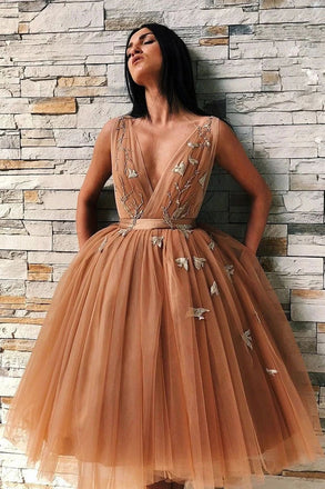 Puffy Tea Length V Neck Sleeveless Tulle Homecoming Dress, Tea Length Prom Dress UQH0029