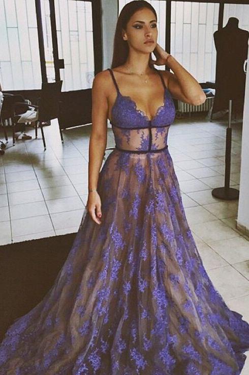 Purple Lace Spaghetti Straps Nude Lining Long Prom Dress, Long Party D Uniquedresss Purple Lace Spaghetti Straps Nude Lining Long Prom Dress, Long Party D Uniquedresss
