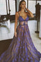 Purple Lace Spaghetti Straps Nude Lining Long Prom Dress, Long Party Dresses UQ1712