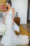 Romantic Deep V Neck Sleeveless Lace Wedding Dress, Mermaid Wedding Dresses with Train UQ2488